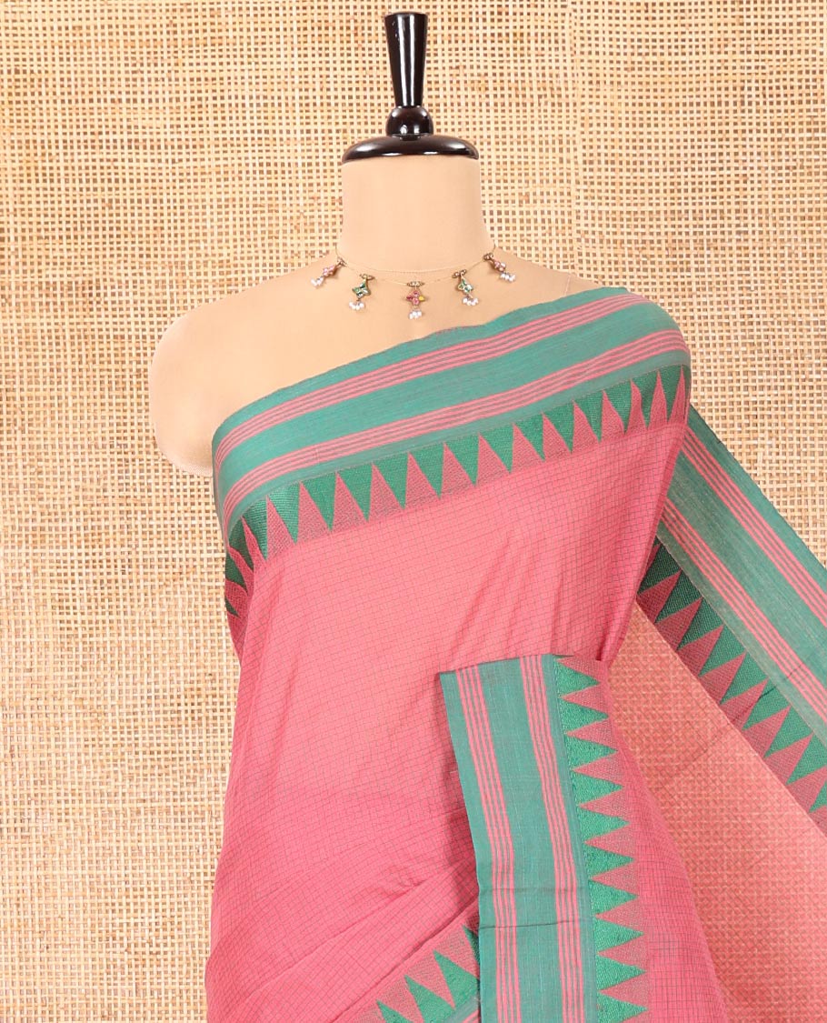 Pink Chettinad Cotton Saree, Sparsely Sparkled with a Checked Design on Its Body, Complemented by a Contrast Temple Border, Subtly Striped Pallu, and Paired with a Matching Blouse - Image 2