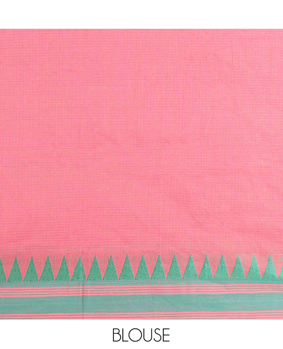 Pink Chettinad Cotton Saree, Sparsely Sparkled with a Checked Design on Its Body, Complemented by a Contrast Temple Border, Subtly Striped Pallu, and Paired with a Matching Blouse - Image 3