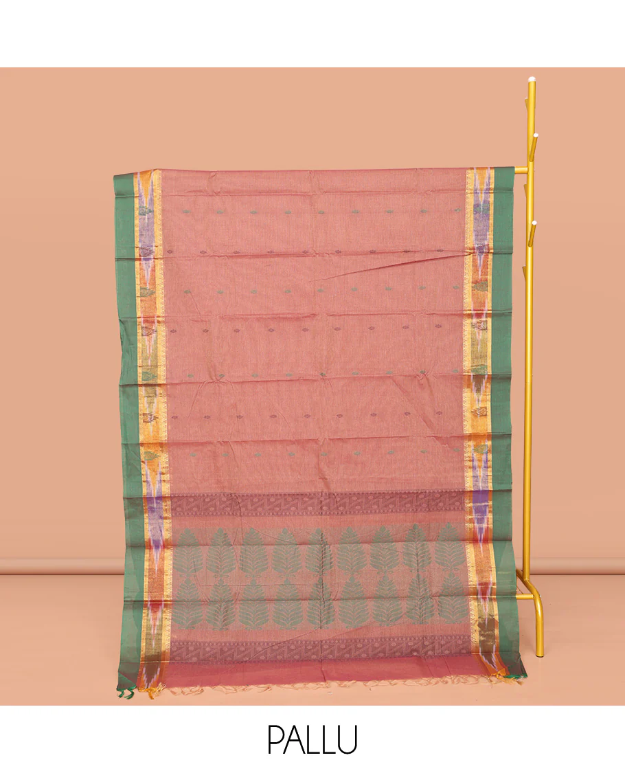 Pink Chettinad Cotton Saree, Sparsely Threaded with Buttas All Over Its Body, Complemented by a Contrast Ikkat Border, Pallu of Unique Designs, and Paired with a Matching Blouse - Image 2