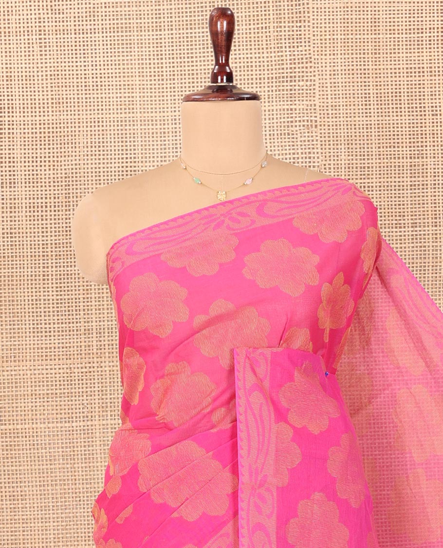 Pink Coimbatore Cotton Saree, Bedecked with Flower Buttas on Its Body, Subtle Self-Border, Pallu of Floral Designs, and Paired with a Matching Blouse - Image 2