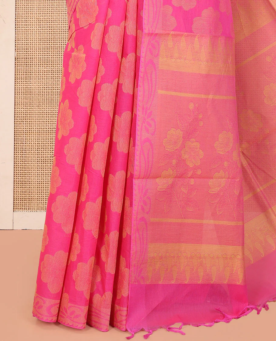 Pink Coimbatore Cotton Saree, Bedecked with Flower Buttas on Its Body, Subtle Self-Border, Pallu of Floral Designs, and Paired with a Matching Blouse - Image 3