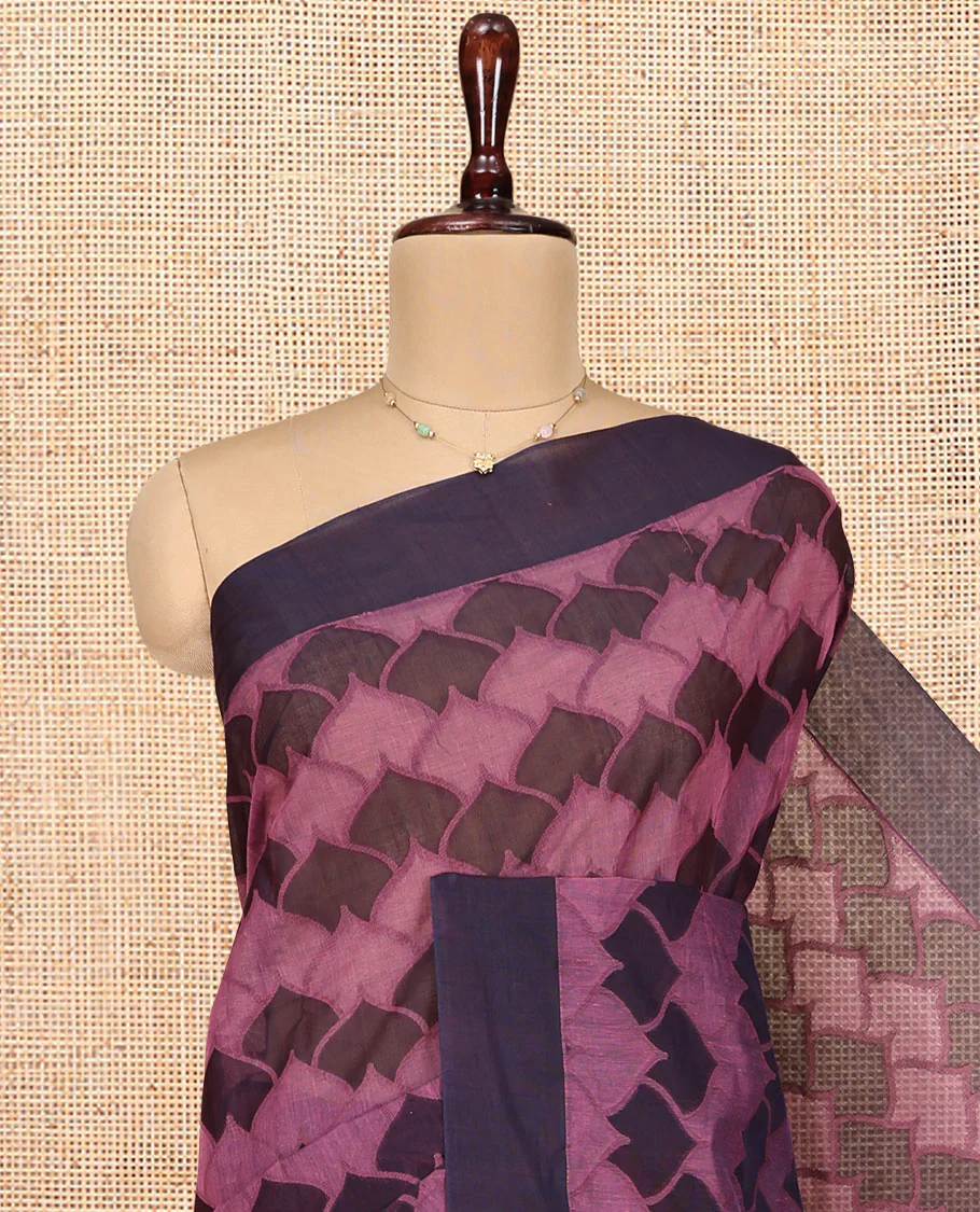Pink Coimbatore Cotton Saree, Bedecked with Scallop Design on Its Body, a Contrast Plain Border, Pallu of Floral Creeper, and Stripes, and Paired with Contrast Blouse - Image 2