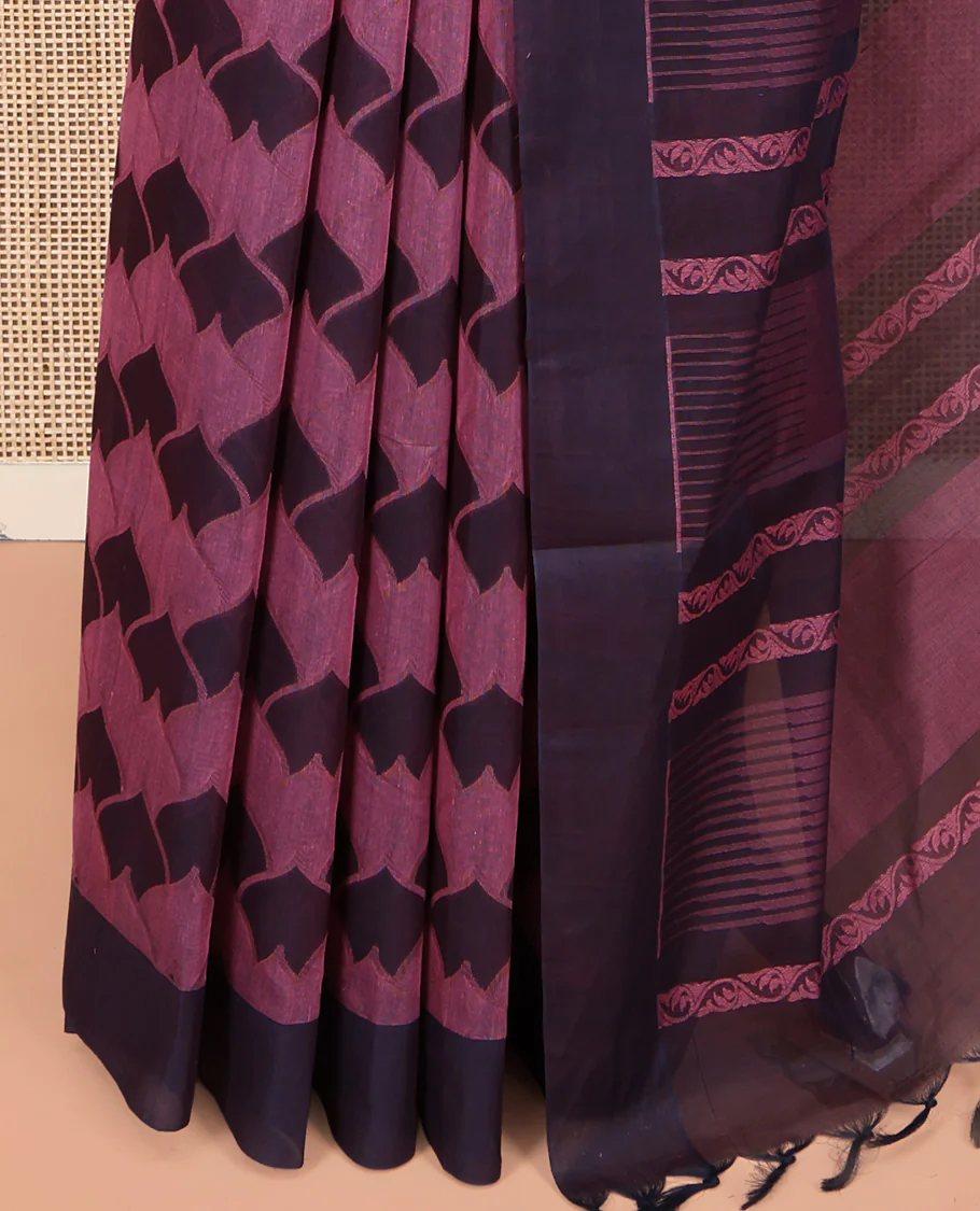 Pink Coimbatore Cotton Saree, Bedecked with Scallop Design on Its Body, a Contrast Plain Border, Pallu of Floral Creeper, and Stripes, and Paired with Contrast Blouse - Image 3