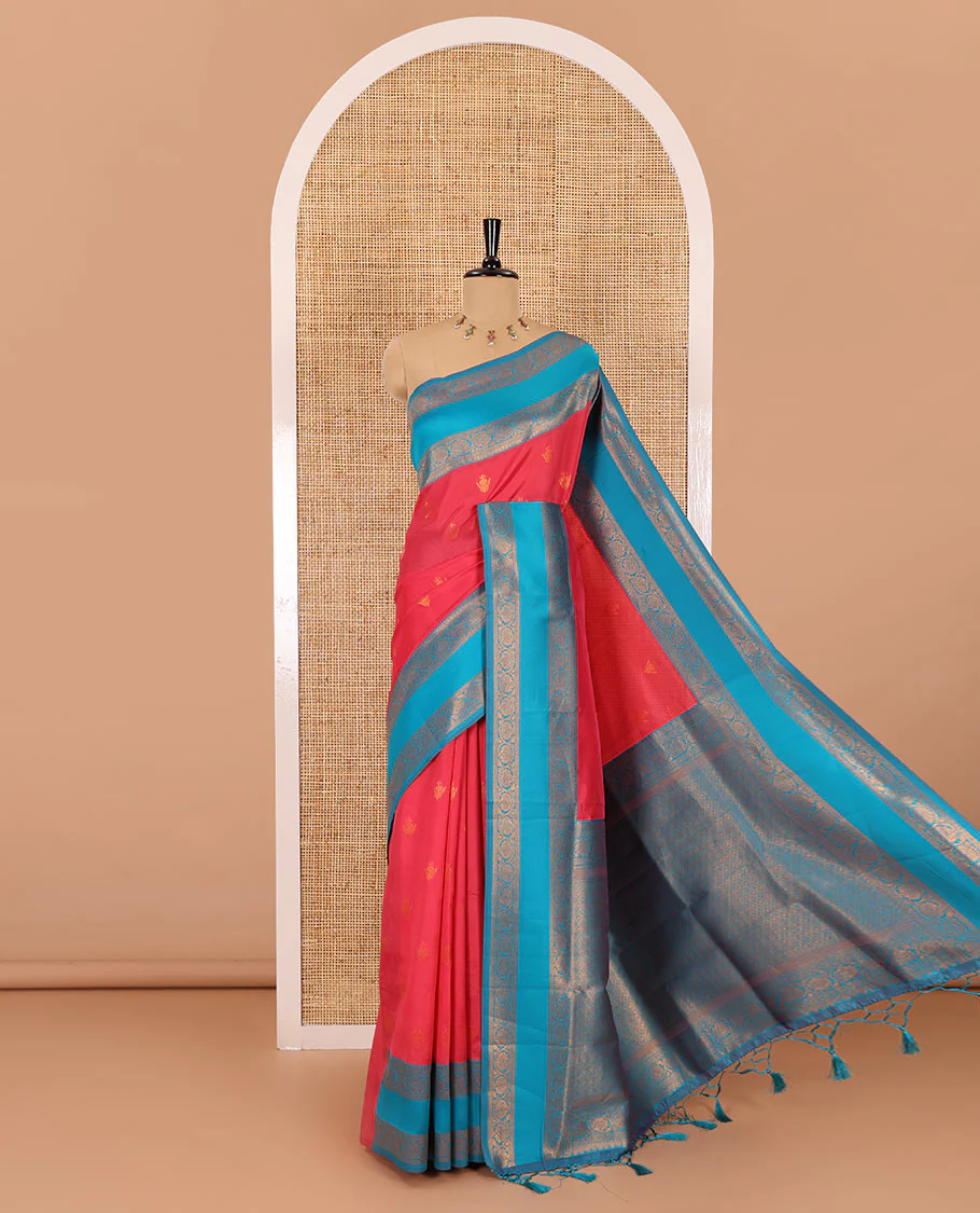 Pink copper zari buttas elite soft silk saree , contrast zari weaving border , contrast brocade rich pallu with tussels , and contrast brocade blouse