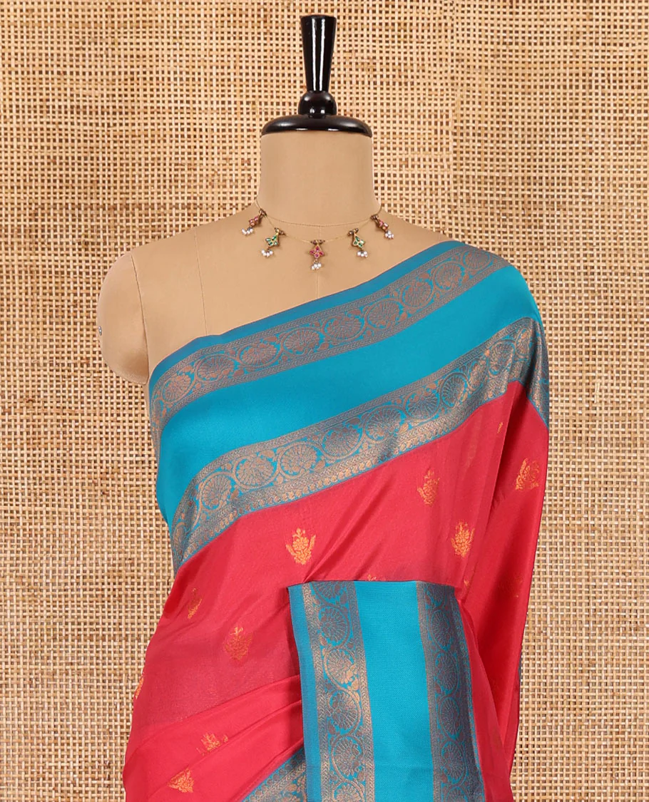 Pink copper zari buttas elite soft silk saree , contrast zari weaving border , contrast brocade rich pallu with tussels , and contrast brocade blouse - Image 3