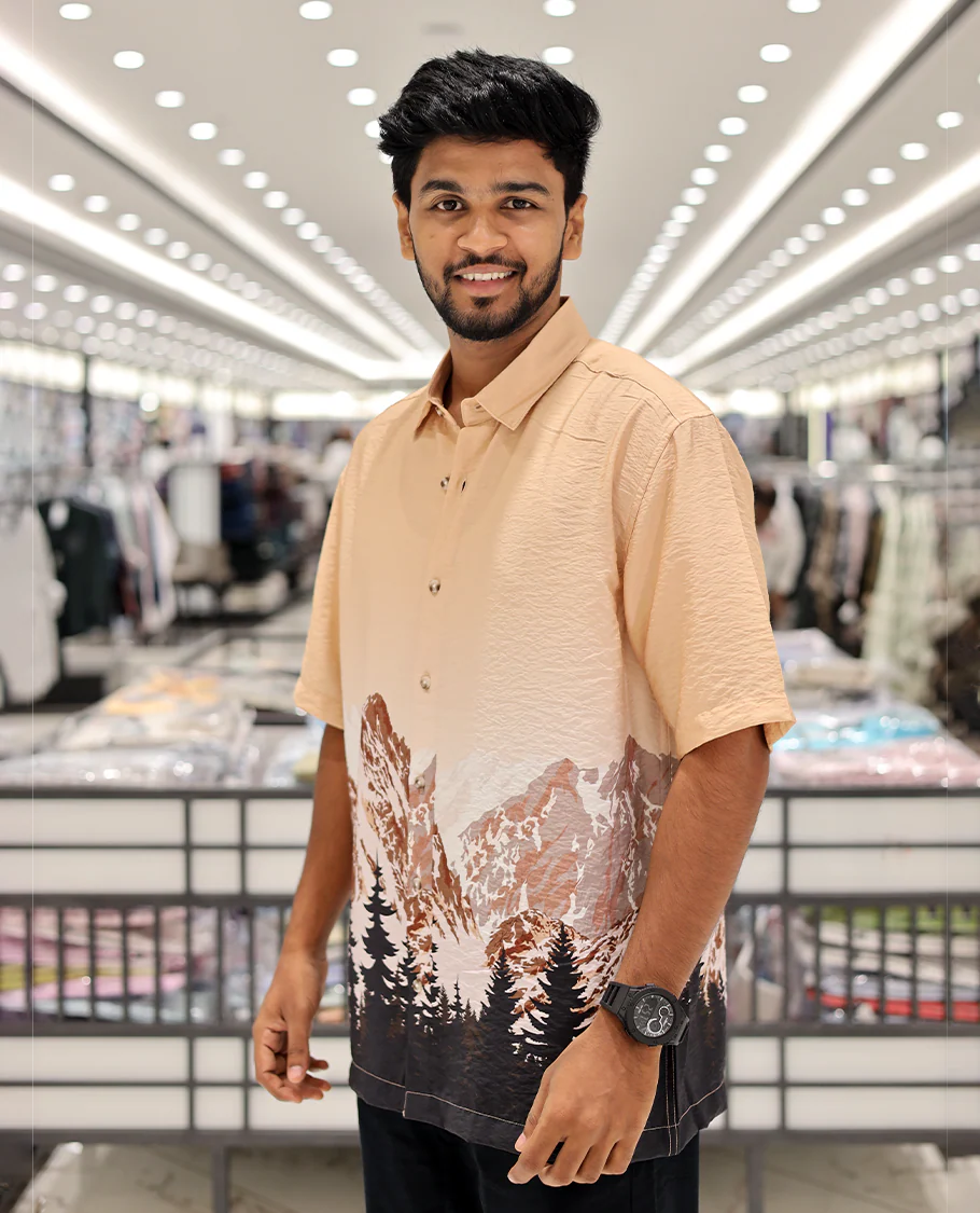 Pink Cotton-Blended Casual Shirt, Artfully Printed with Himalayan-Themed Snowfall Print, a Half-Sleeve, a Spread Collar, a Boxy Fit, and Regular Length - Image 2