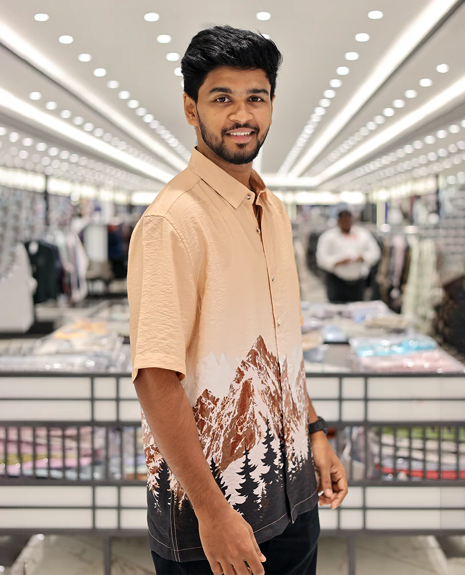 Pink Cotton-Blended Casual Shirt, Artfully Printed with Himalayan-Themed Snowfall Print, a Half-Sleeve, a Spread Collar, a Boxy Fit, and Regular Length - Image 3
