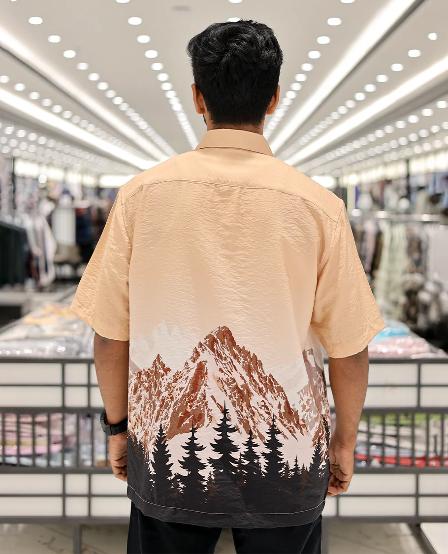 Pink Cotton-Blended Casual Shirt, Artfully Printed with Himalayan-Themed Snowfall Print, a Half-Sleeve, a Spread Collar, a Boxy Fit, and Regular Length - Image 4