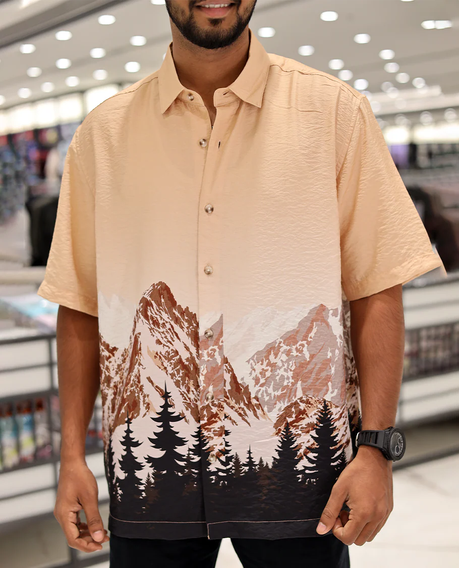 Pink Cotton-Blended Casual Shirt, Artfully Printed with Himalayan-Themed Snowfall Print, a Half-Sleeve, a Spread Collar, a Boxy Fit, and Regular Length - Image 5