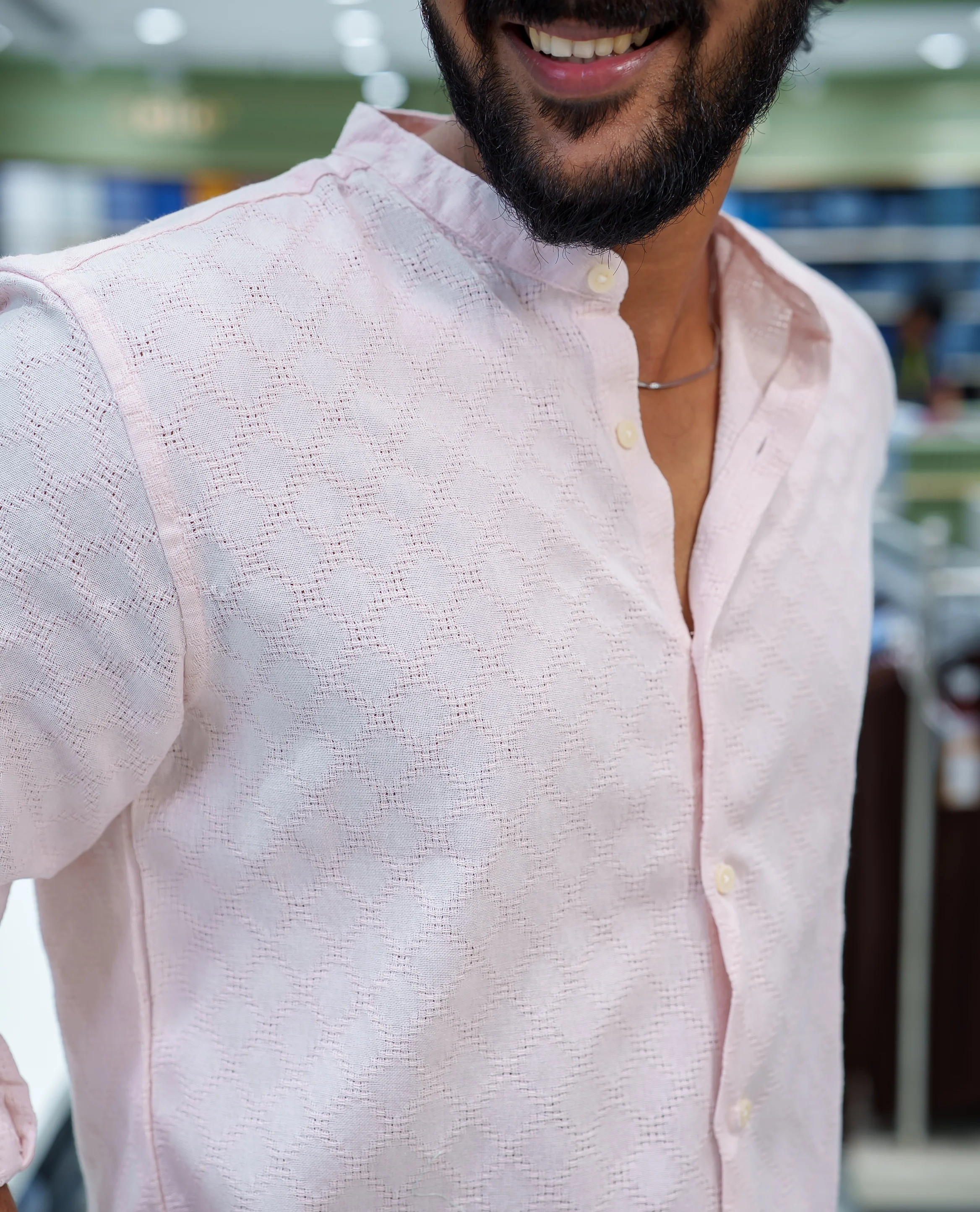 Pink Cotton Blended Casual Shirt, Subtly Sparkled with Diamond-Patterns Texture, Featuring a Mandarin Collar, Full Sleeves, Slim Fit, and Regular Length - Image 5
