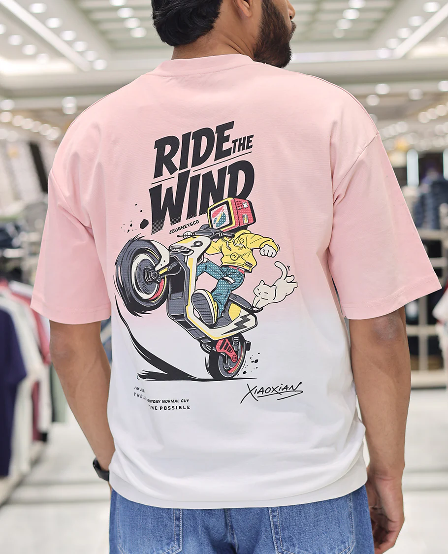 Pink Cotton-Blended Ombre T-Shirt, Artfully Detailed with Funky Motifs and Typography Prints, Comes with a Crew Neck, Half-Sleeves, Oversized Fit, and Long Length - Image 2