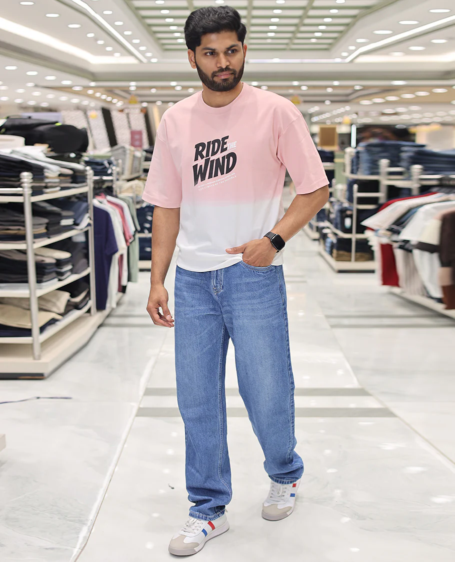 Pink Cotton-Blended Ombre T-Shirt, Artfully Detailed with Funky Motifs and Typography Prints, Comes with a Crew Neck, Half-Sleeves, Oversized Fit, and Long Length - Image 3