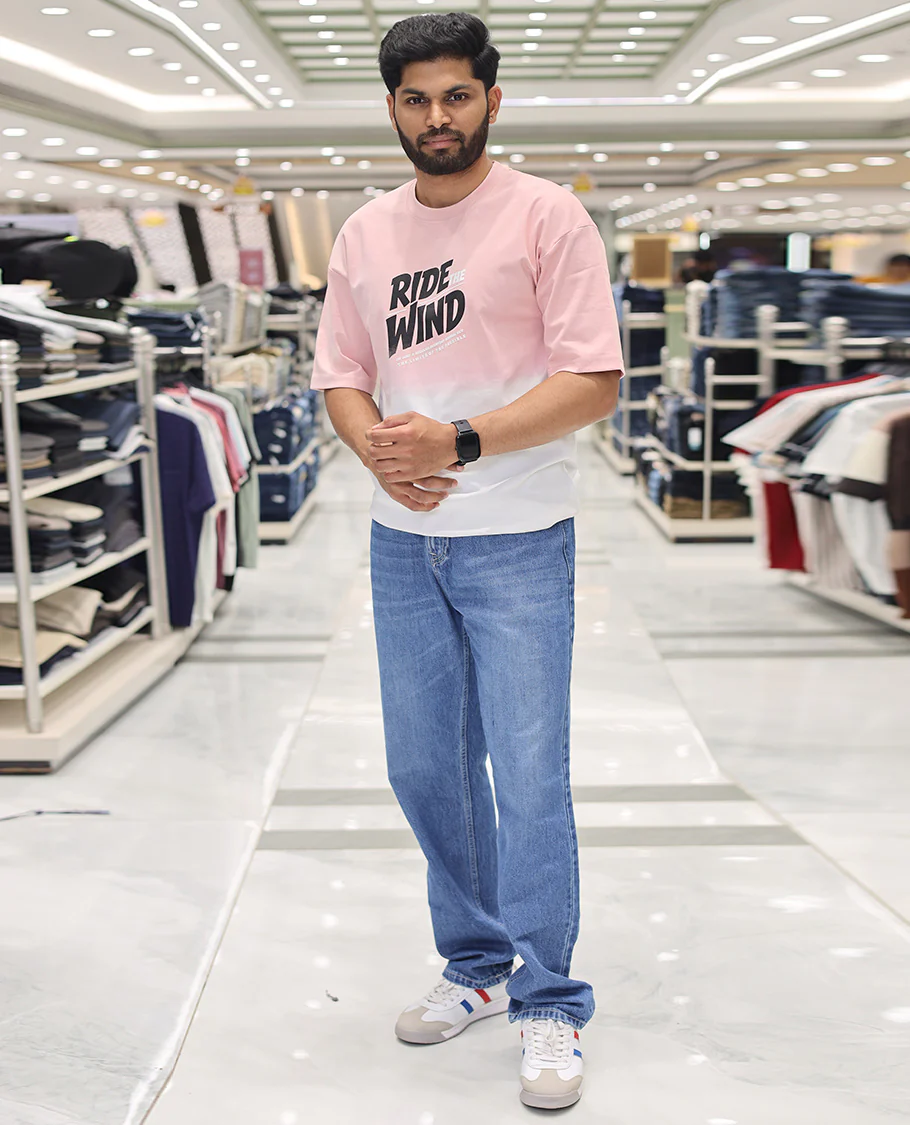 Pink Cotton-Blended Ombre T-Shirt, Artfully Detailed with Funky Motifs and Typography Prints, Comes with a Crew Neck, Half-Sleeves, Oversized Fit, and Long Length - Image 4