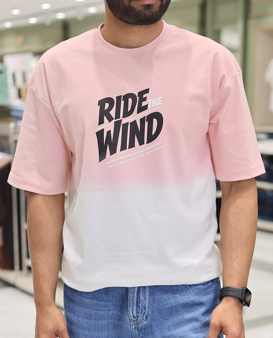 Pink Cotton-Blended Ombre T-Shirt, Artfully Detailed with Funky Motifs and Typography Prints, Comes with a Crew Neck, Half-Sleeves, Oversized Fit, and Long Length - Image 5