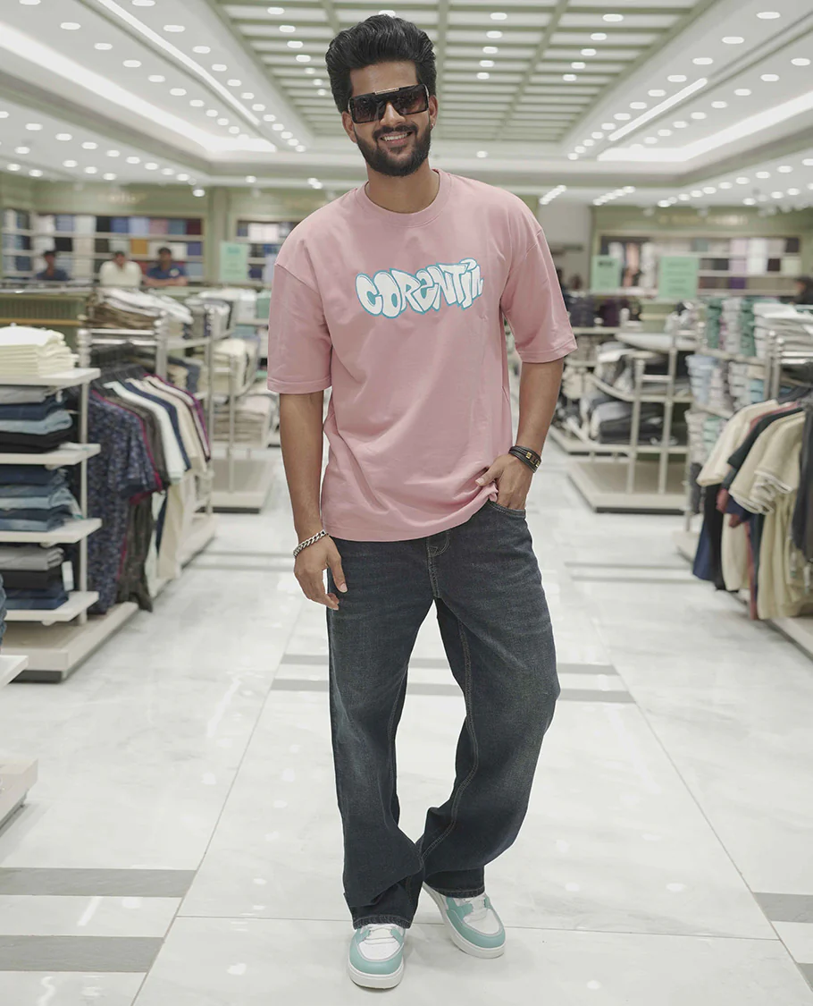 Pink Cotton-Blended Oversized T-Shirt, Elevated with Multi-Color Funky Motifs Front and Back Print, Comes with a Crew-Neck, Half-Sleeves, and Long Length - Image 3