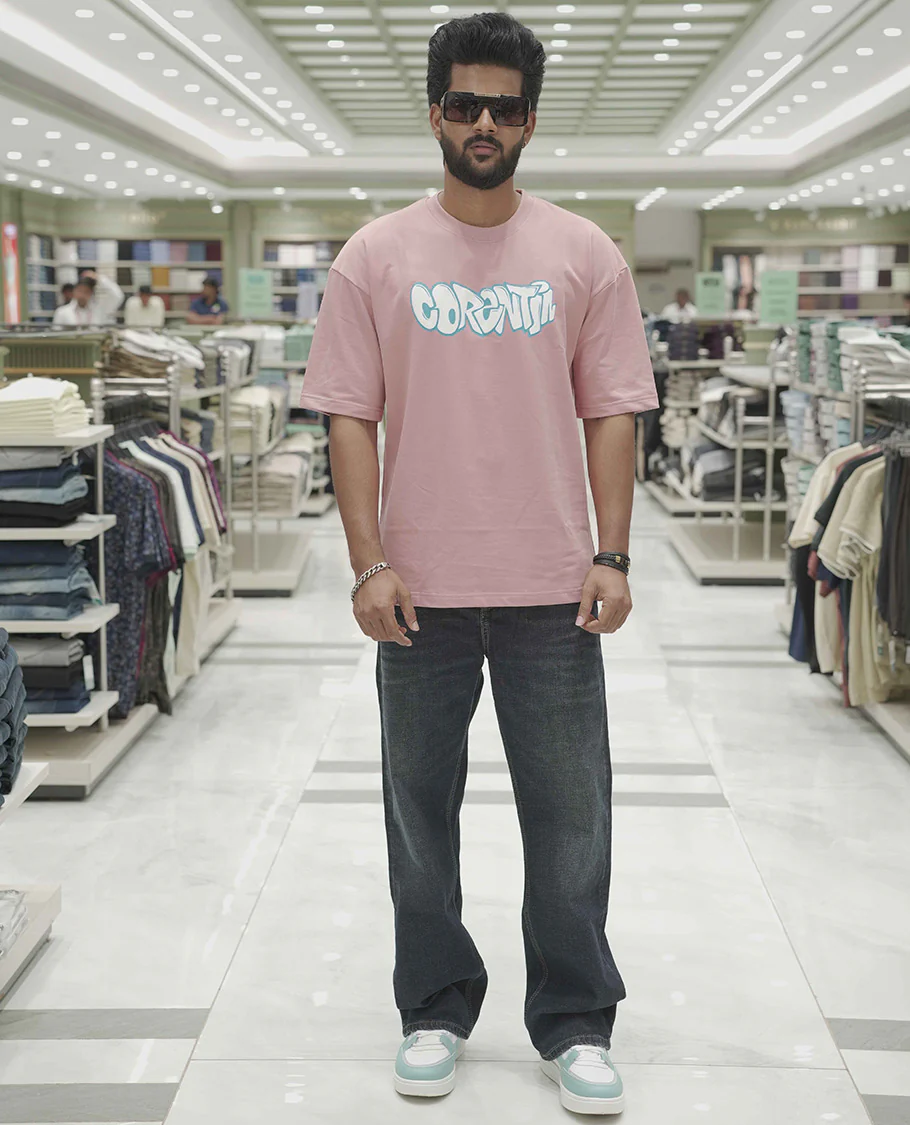 Pink Cotton-Blended Oversized T-Shirt, Elevated with Multi-Color Funky Motifs Front and Back Print, Comes with a Crew-Neck, Half-Sleeves, and Long Length - Image 4