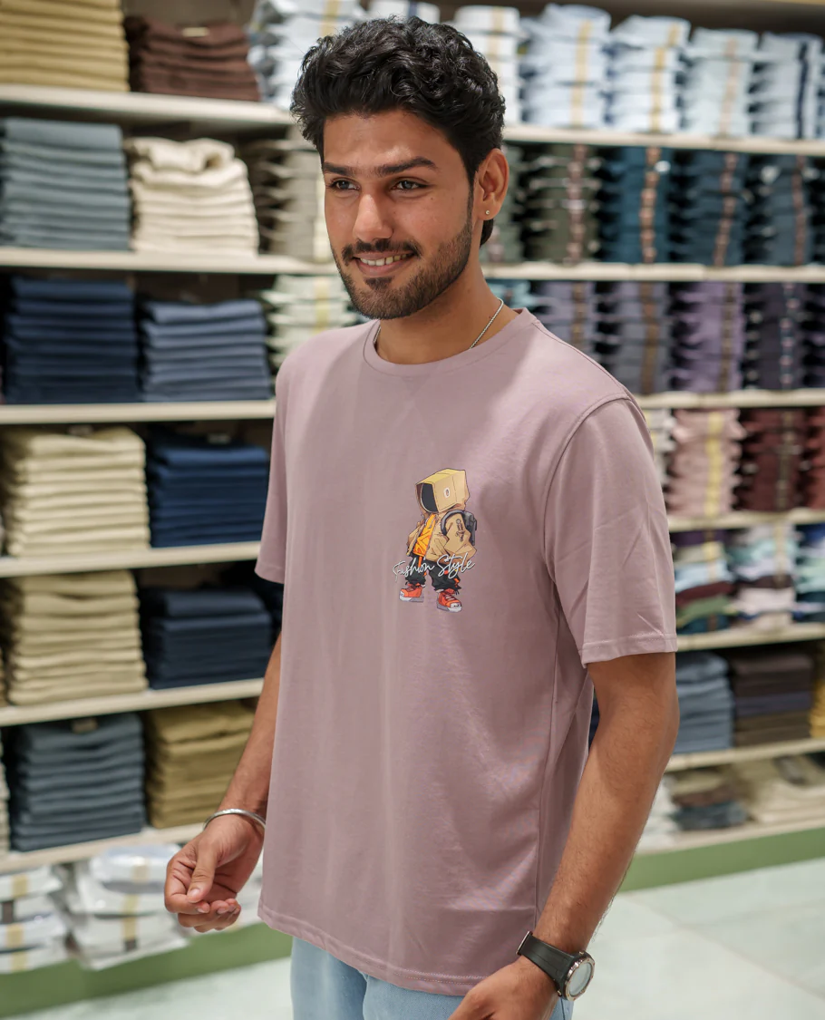 Pink Cotton-Blended T-Shirt Comes with an Robot-Motifs Back Print, Crew Neck, Half Sleeves, Oversized Fit, and Regular Length - Image 4
