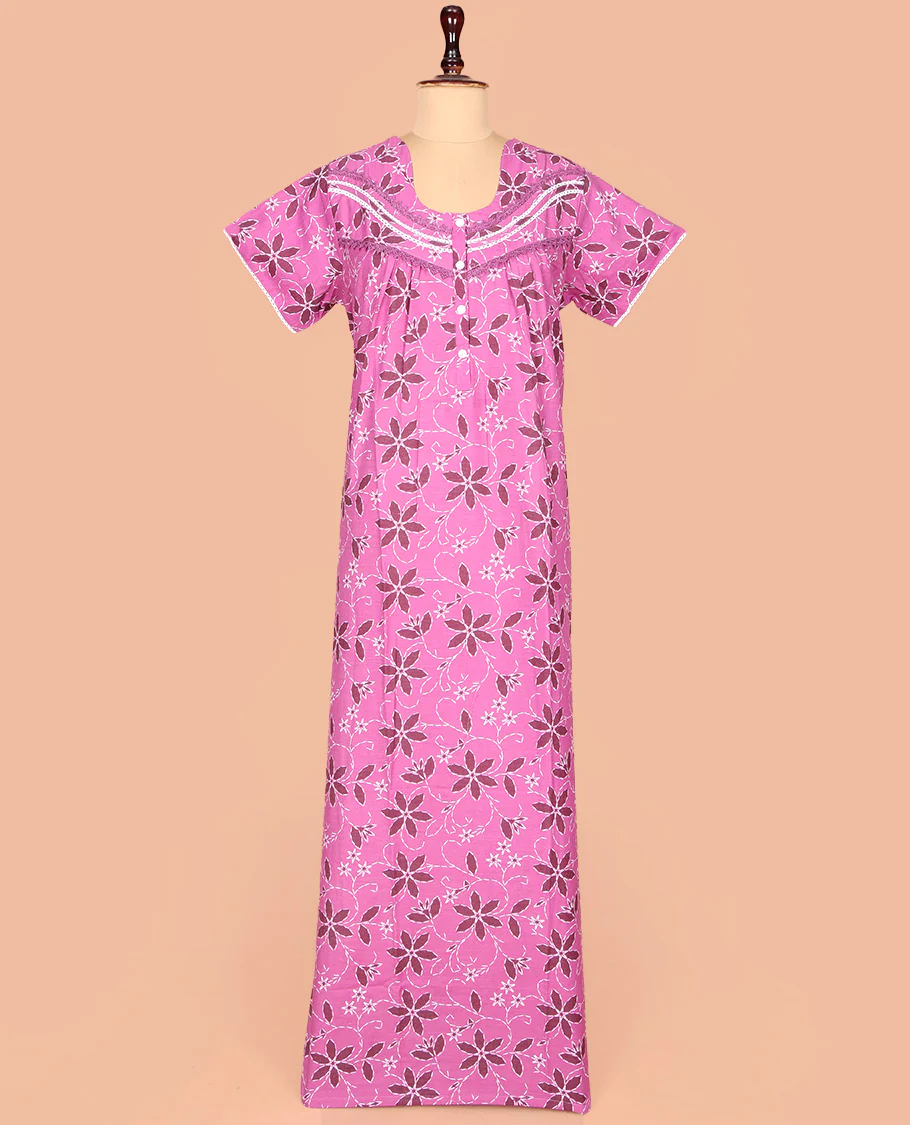 Pink Cotton Nighty  Beautified with Floral Print, Featuring Lace Work, Round Front Neck, and Half  Sleeves - Image 2