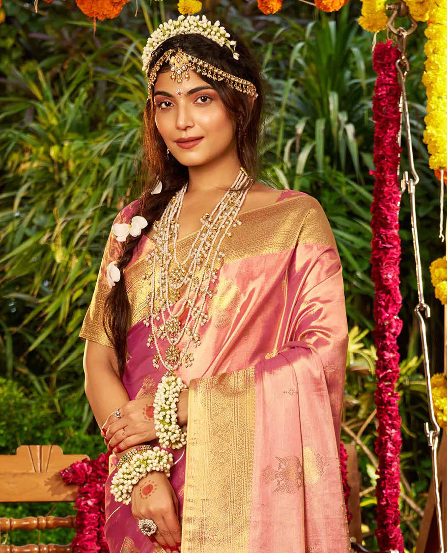 Pink Designer Catalog Saree, Prettified with Two-Headed Bird Buttas All Over Its Body, Highlighted by Traditional Zari Design Border, Pallu Depicts Intricate Designs, and Paired with a Matching Blouse - Image 2
