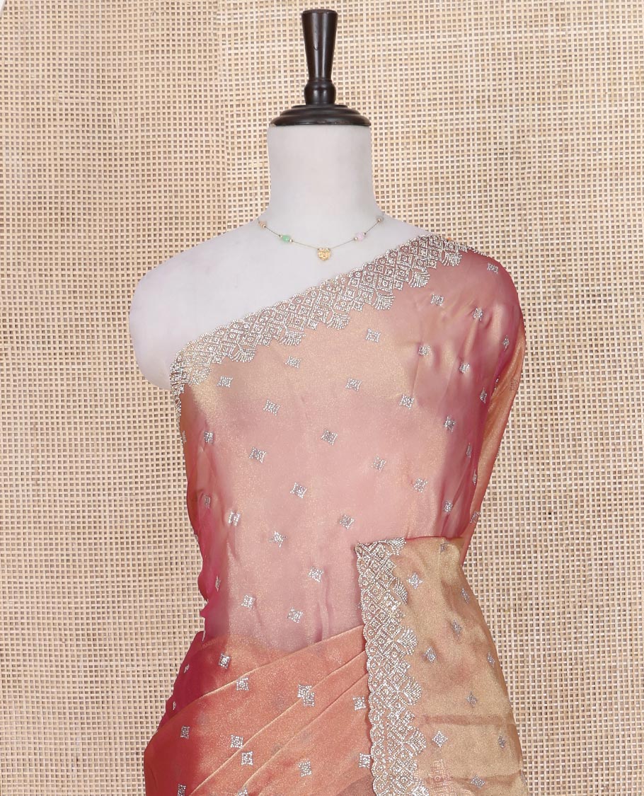 Pink Designer Saree, Dazzled with Stone Embroidered Buttas on Its Body, Highlighted by a Scallop Stone Work Border, Pallu of Stone Embroidered Buttas, and Paired with a Matching Blouse - Image 2