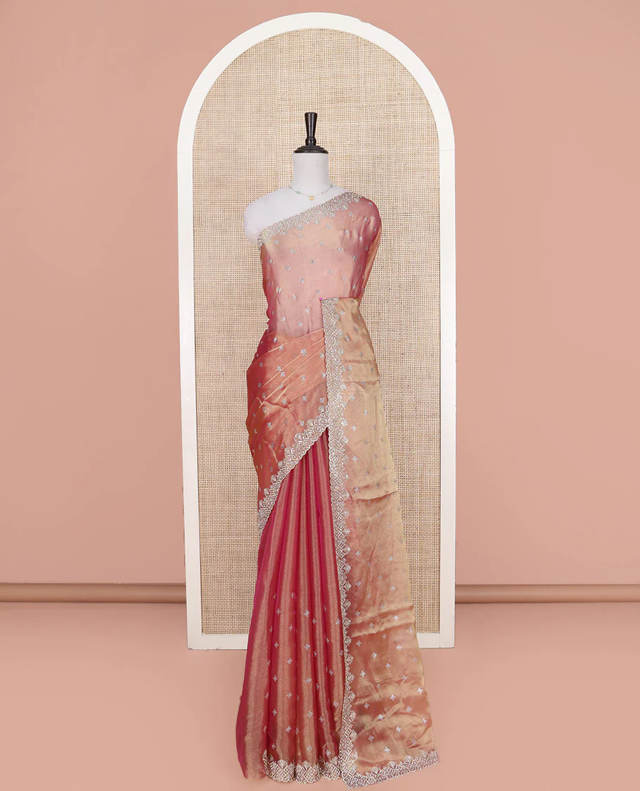 Pink Designer Saree, Dazzled with Stone Embroidered Buttas on Its Body, Highlighted by a Scallop Stone Work Border, Pallu of Stone Embroidered Buttas, and Paired with a Matching Blouse - Image 3