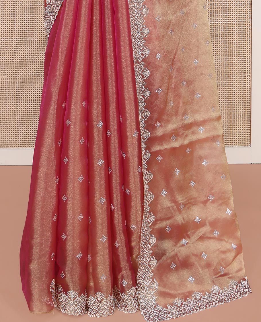 Pink Designer Saree, Dazzled with Stone Embroidered Buttas on Its Body, Highlighted by a Scallop Stone Work Border, Pallu of Stone Embroidered Buttas, and Paired with a Matching Blouse - Image 4