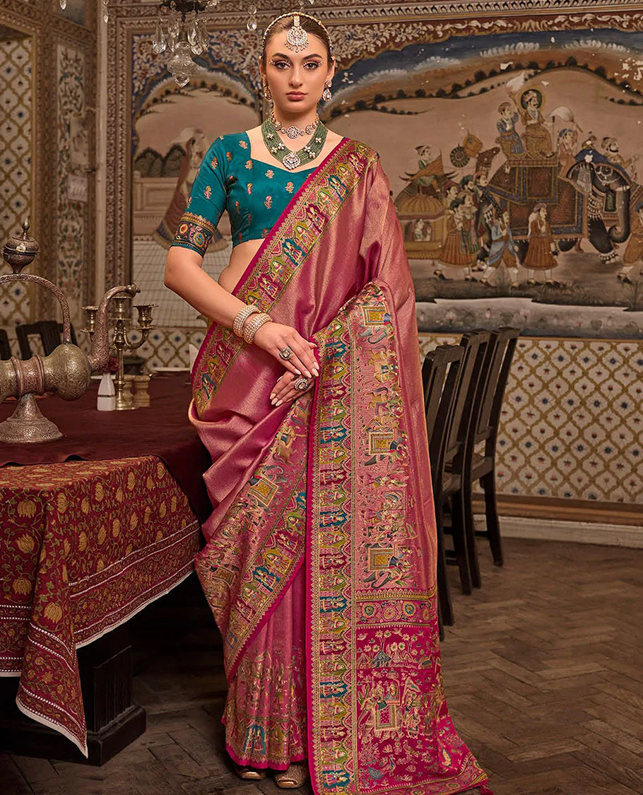 Pink Designer Saree, Gleamed Up with Tissue-Effect All Over Its Body, Complemented by a Colorful Meenakari Mughal-Style Border, Intricately Designed Pallu, and Paired with a Contrast Blouse