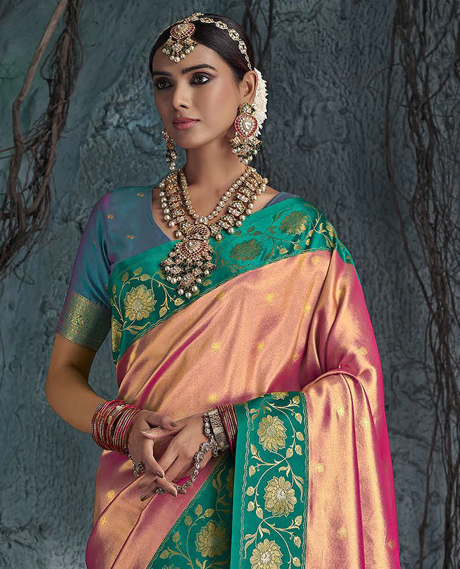 Pink Designer Saree, Mesmerized with Buttas All Over Its Body, Complemented by a Contrast Floral Creeper Design Border, Pallu of Jaal Designs, and Paired with a Contrast Blouse - Image 2
