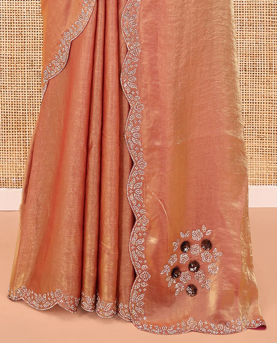 Pink Designer Saree, Spotlighted with Stone Work Embroidery On Its Body, Scallop Embroidered Border, and Paired with a Matching Blouse - Image 3