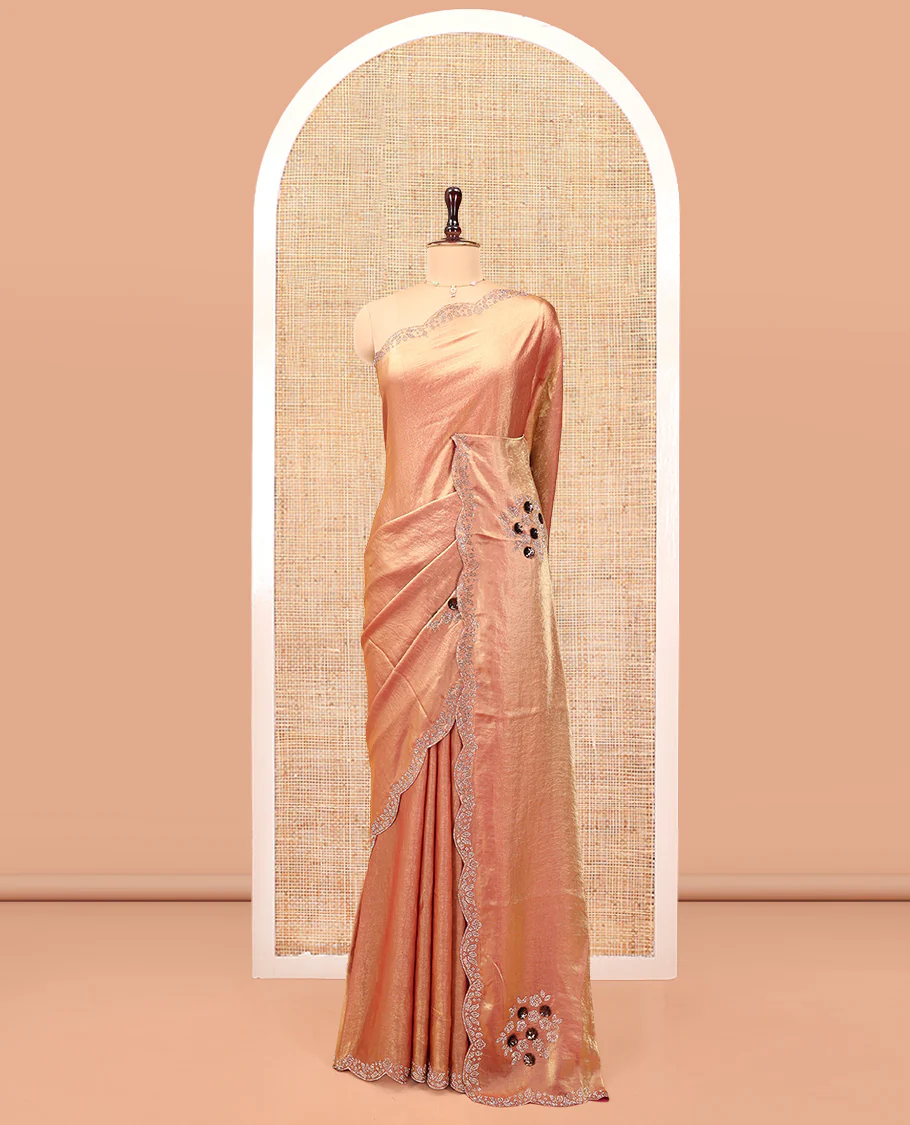 Pink Designer Saree, Spotlighted with Stone Work Embroidery On Its Body, Scallop Embroidered Border, and Paired with a Matching Blouse - Image 4