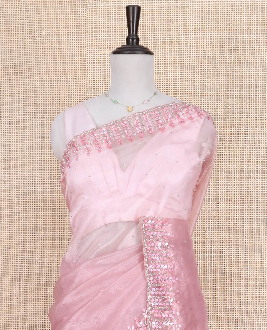 Pink Designer Saree, Subtly Sparkled with Stone Work on Its Body, Highlighted by a Scallop Floral-Themed  Stone-Thread Embroidered Border, Self-Pallu, and Paired with a Matching Blouse - Image 2