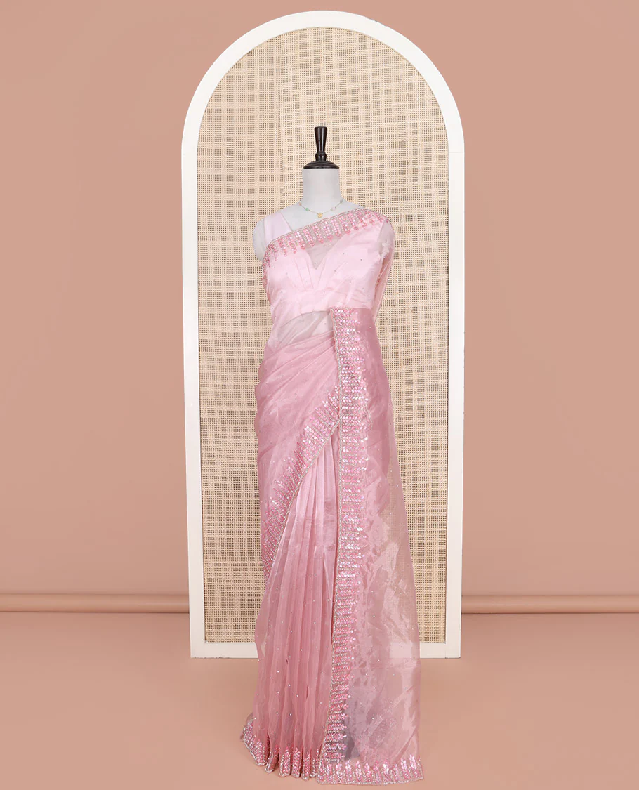 Pink Designer Saree, Subtly Sparkled with Stone Work on Its Body, Highlighted by a Scallop Floral-Themed  Stone-Thread Embroidered Border, Self-Pallu, and Paired with a Matching Blouse - Image 3