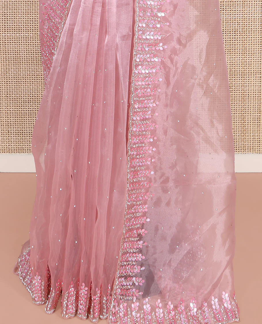 Pink Designer Saree, Subtly Sparkled with Stone Work on Its Body, Highlighted by a Scallop Floral-Themed  Stone-Thread Embroidered Border, Self-Pallu, and Paired with a Matching Blouse - Image 4