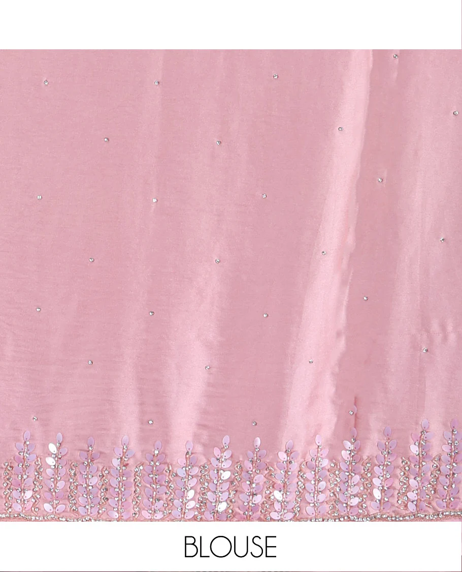 Pink Designer Saree, Subtly Sparkled with Stone Work on Its Body, Highlighted by a Scallop Floral-Themed  Stone-Thread Embroidered Border, Self-Pallu, and Paired with a Matching Blouse - Image 5