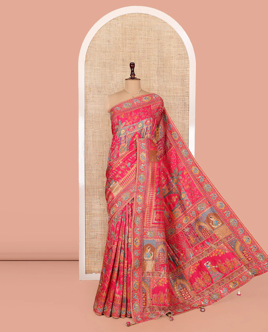 Pink Dola Silk Saree, Boldly Accentuated with Floral and Mughal-Style Print on Its Body, Highlighted by a Peacock Border, Pallu Depicts Mughal-Style Printed Outline Embroidery, and Paired with a Matching Blouse