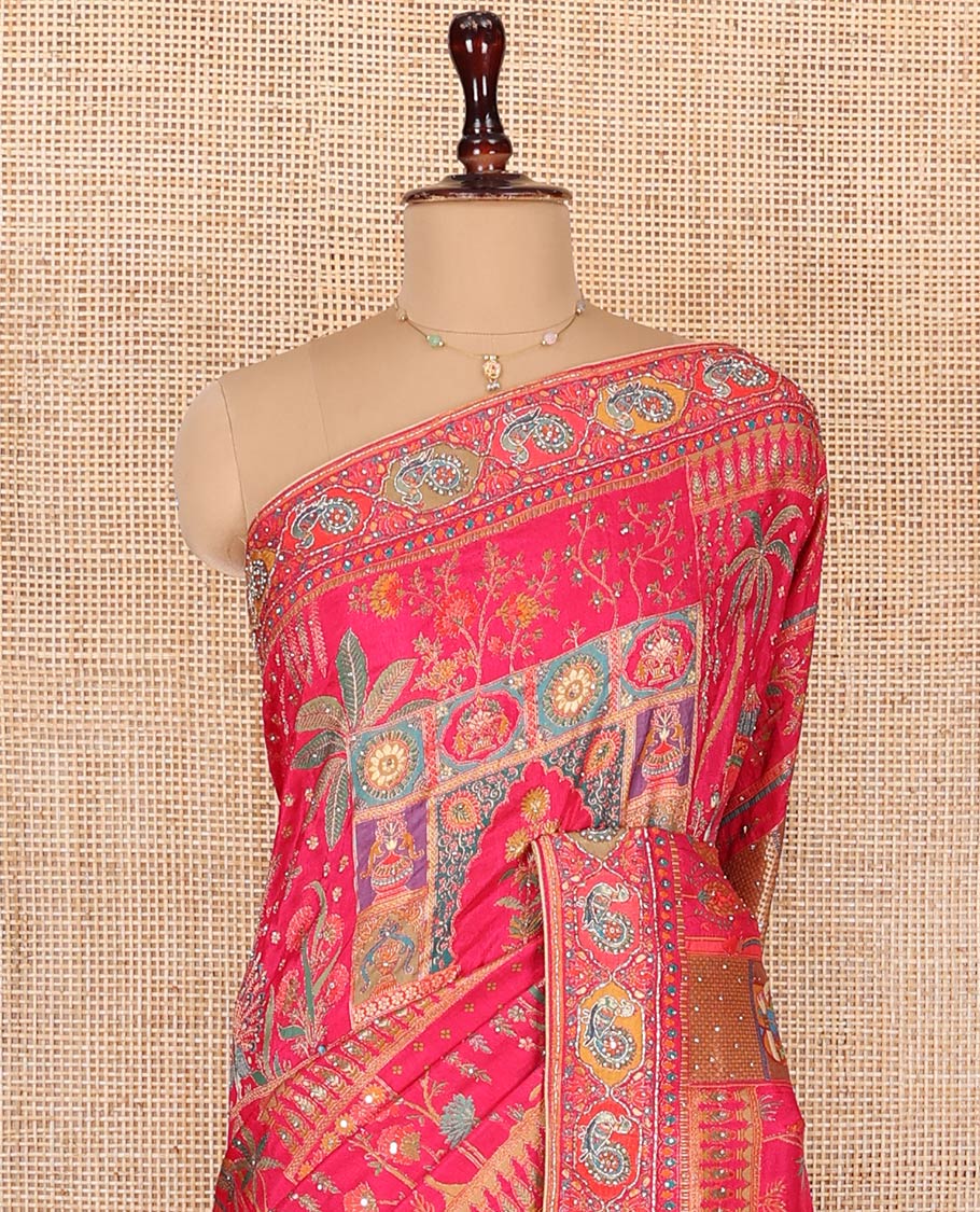 Pink Dola Silk Saree, Boldly Accentuated with Floral and Mughal-Style Print on Its Body, Highlighted by a Peacock Border, Pallu Depicts Mughal-Style Printed Outline Embroidery, and Paired with a Matching Blouse - Image 2
