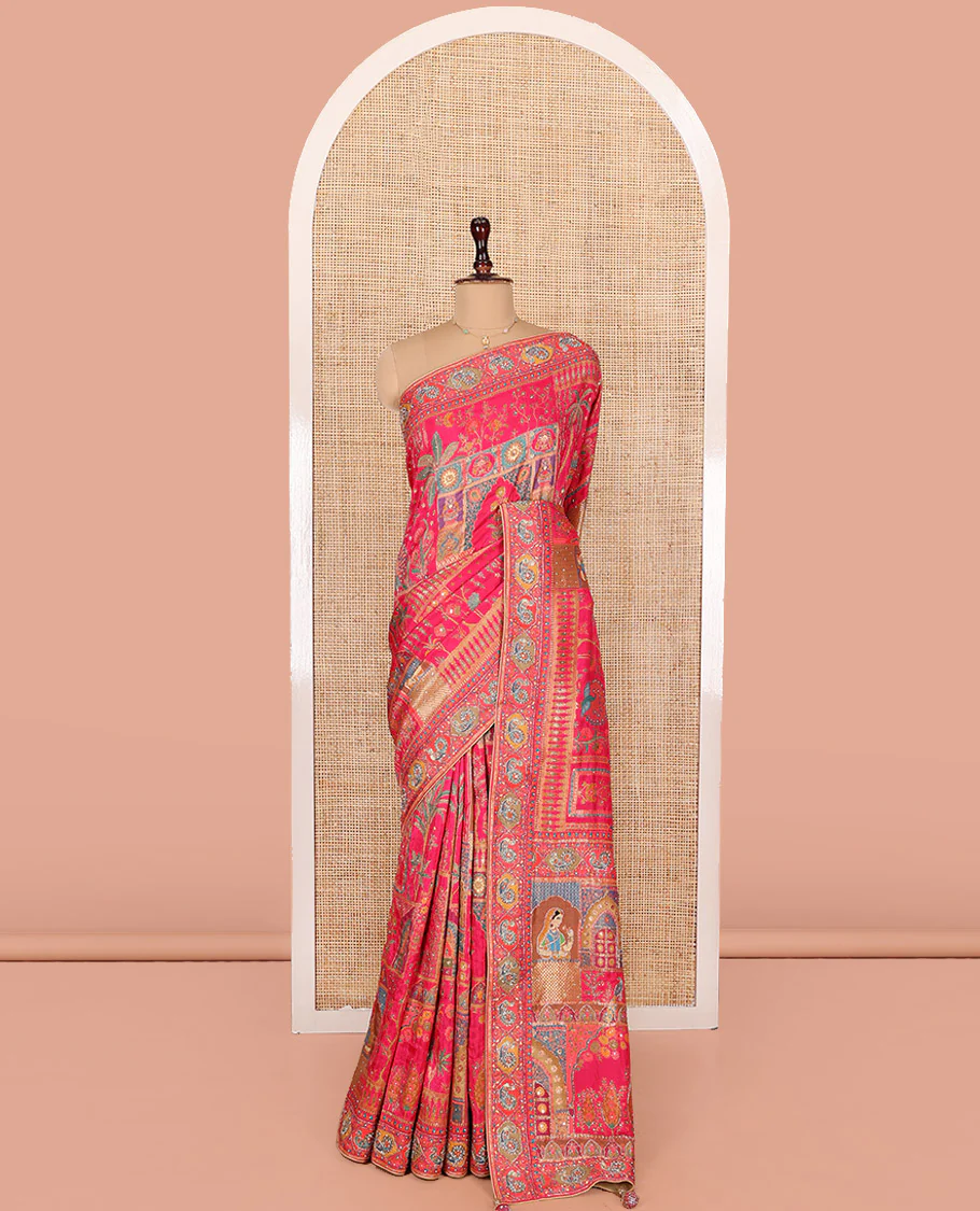 Pink Dola Silk Saree, Boldly Accentuated with Floral and Mughal-Style Print on Its Body, Highlighted by a Peacock Border, Pallu Depicts Mughal-Style Printed Outline Embroidery, and Paired with a Matching Blouse - Image 3