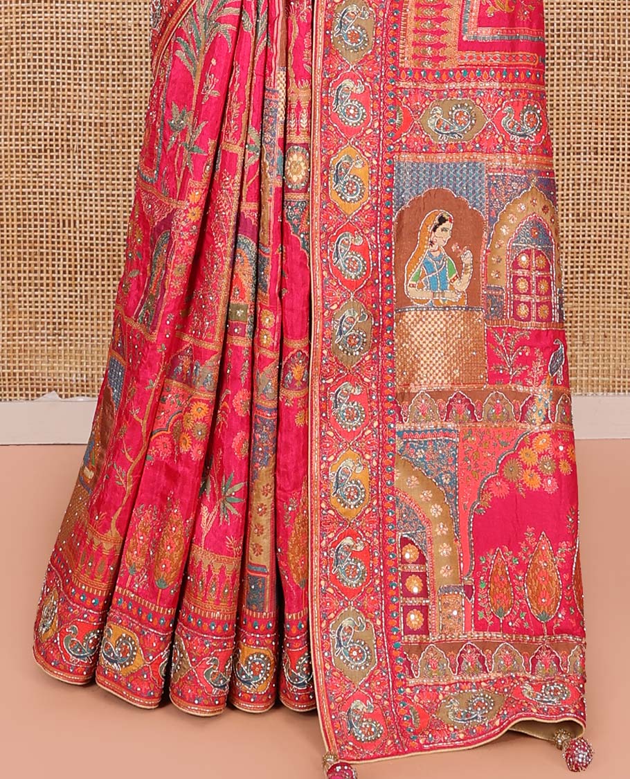 Pink Dola Silk Saree, Boldly Accentuated with Floral and Mughal-Style Print on Its Body, Highlighted by a Peacock Border, Pallu Depicts Mughal-Style Printed Outline Embroidery, and Paired with a Matching Blouse - Image 4