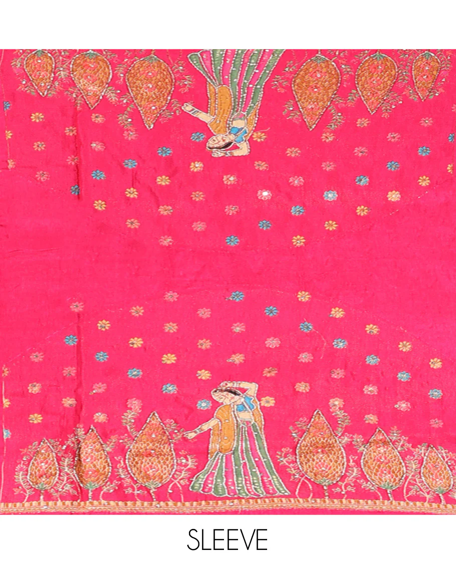 Pink Dola Silk Saree, Boldly Accentuated with Floral and Mughal-Style Print on Its Body, Highlighted by a Peacock Border, Pallu Depicts Mughal-Style Printed Outline Embroidery, and Paired with a Matching Blouse - Image 5