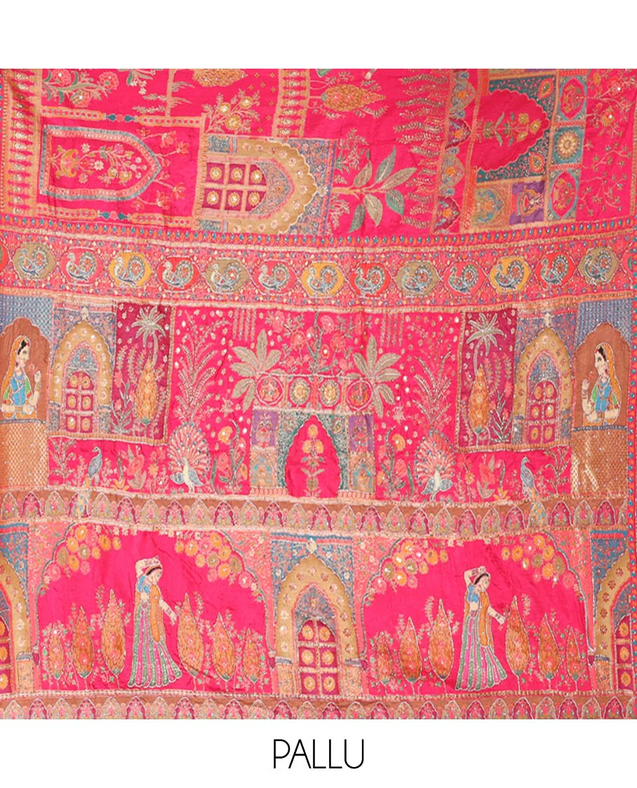 Pink Dola Silk Saree, Boldly Accentuated with Floral and Mughal-Style Print on Its Body, Highlighted by a Peacock Border, Pallu Depicts Mughal-Style Printed Outline Embroidery, and Paired with a Matching Blouse - Image 6