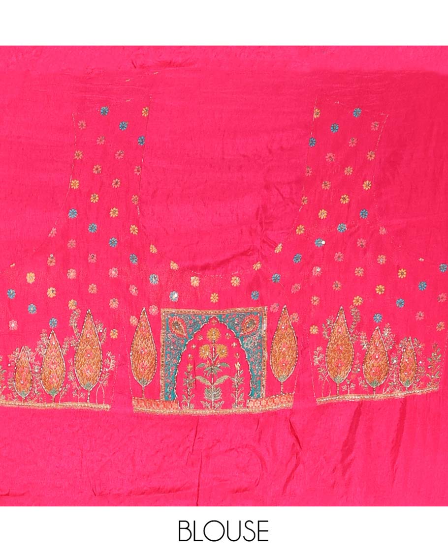 Pink Dola Silk Saree, Boldly Accentuated with Floral and Mughal-Style Print on Its Body, Highlighted by a Peacock Border, Pallu Depicts Mughal-Style Printed Outline Embroidery, and Paired with a Matching Blouse - Image 7