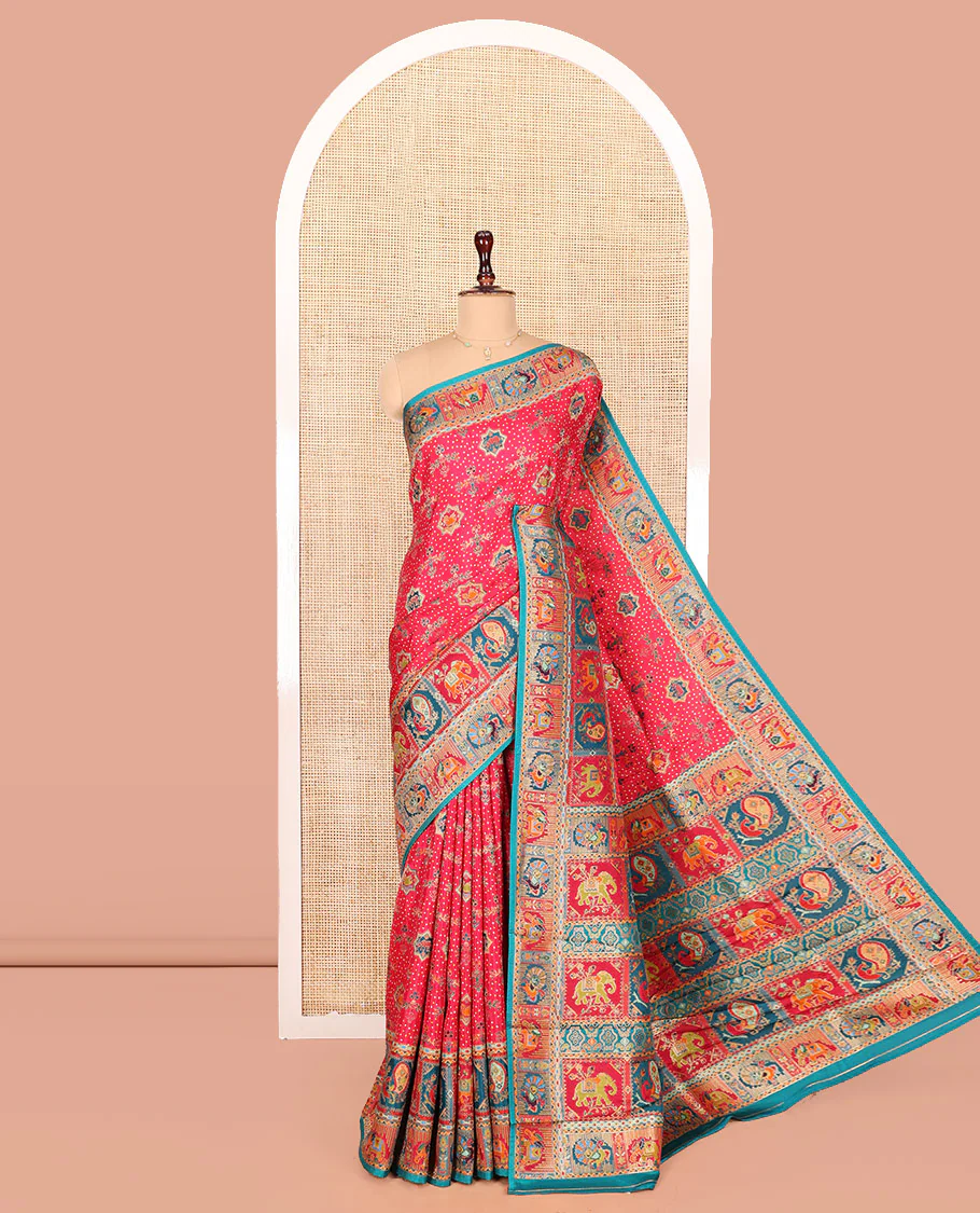 Pink Dola Silk Saree, Mesmerized with Colorful Motifs Printed on Its Body, Complemented by Contrast Peacock-Elephant Border, Pallu of Butta Enclosed Checked Print, and Paired with a Contrast Blouse
