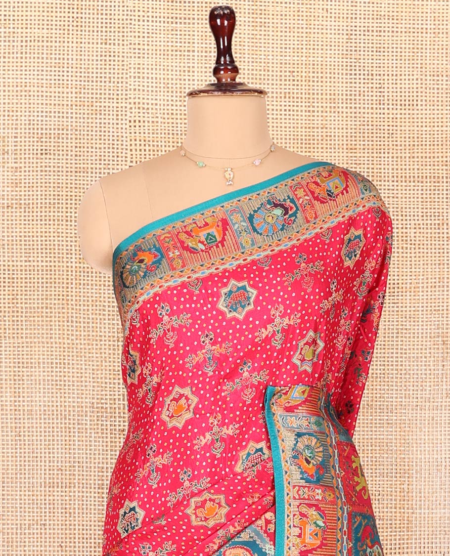 Pink Dola Silk Saree, Mesmerized with Colorful Motifs Printed on Its Body, Complemented by Contrast Peacock-Elephant Border, Pallu of Butta Enclosed Checked Print, and Paired with a Contrast Blouse - Image 2