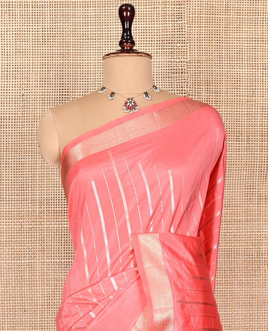 Pink Dupion Silk Saree, Bedecked with Zari Stripes, Highlighted by a Traditional Zari Design Border, Contrast Pallu of Geometric Design, and a Contrast Blouse - Image 2