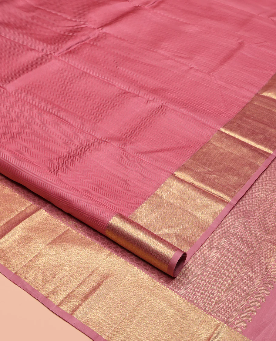 Pink Embossed Parampara Silk Saree, Highlighted by Zari Border of Thilakam and Vanki Designs, Pallu Steeped with Rudraksham Designs, and Paired with a Matching Blouse - Image 2