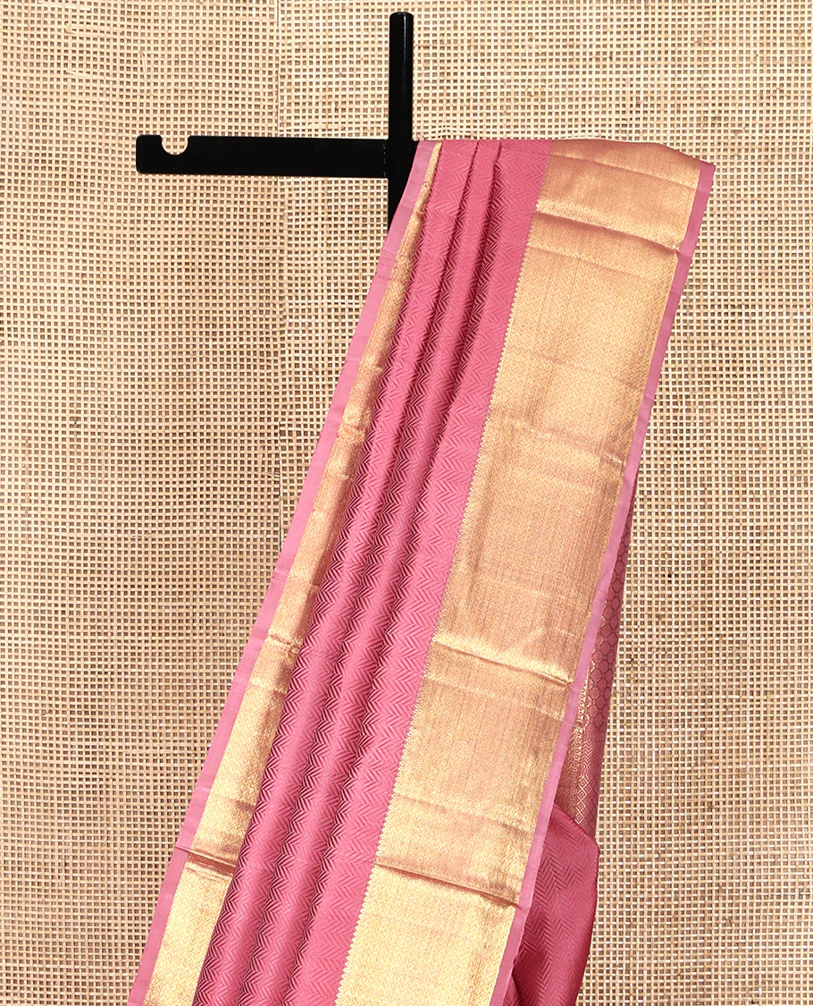 Pink Embossed Parampara Silk Saree, Highlighted by Zari Border of Thilakam and Vanki Designs, Pallu Steeped with Rudraksham Designs, and Paired with a Matching Blouse - Image 3