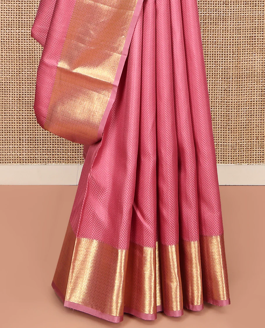 Pink Embossed Parampara Silk Saree, Highlighted by Zari Border of Thilakam and Vanki Designs, Pallu Steeped with Rudraksham Designs, and Paired with a Matching Blouse - Image 4