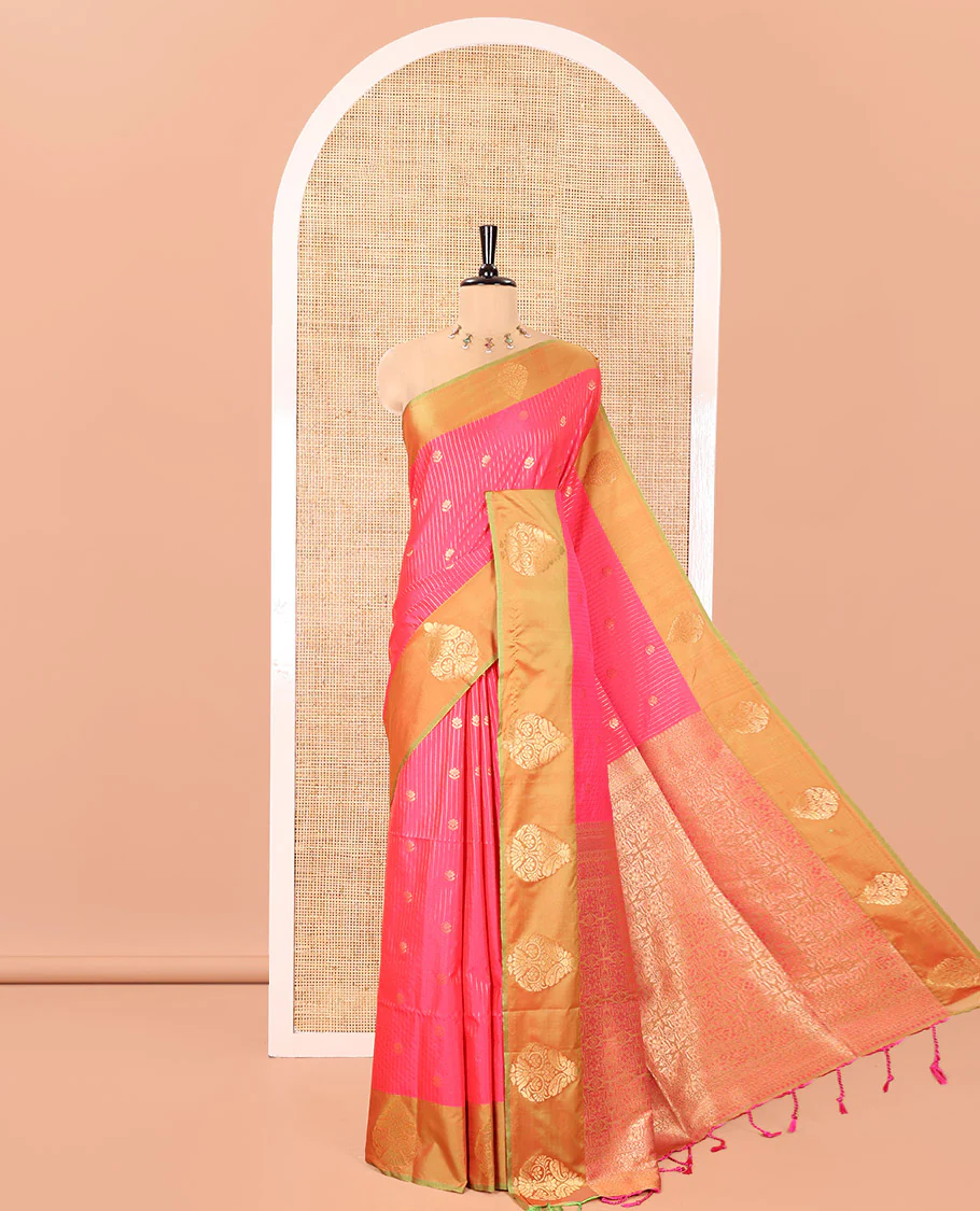 Pink Fancy Soft Silk Saree, Detailed with Zari Buttas and Zari Stripes, Complemented by a Contrast Border of Zari Designs, Intricately Designed Pallu, and Paired with a Contrast Blouse