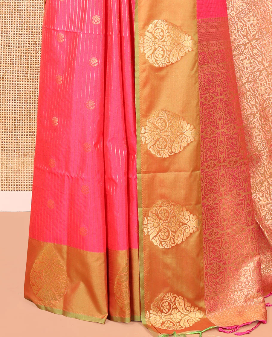 Pink Fancy Soft Silk Saree, Detailed with Zari Buttas and Zari Stripes, Complemented by a Contrast Border of Zari Designs, Intricately Designed Pallu, and Paired with a Contrast Blouse - Image 3