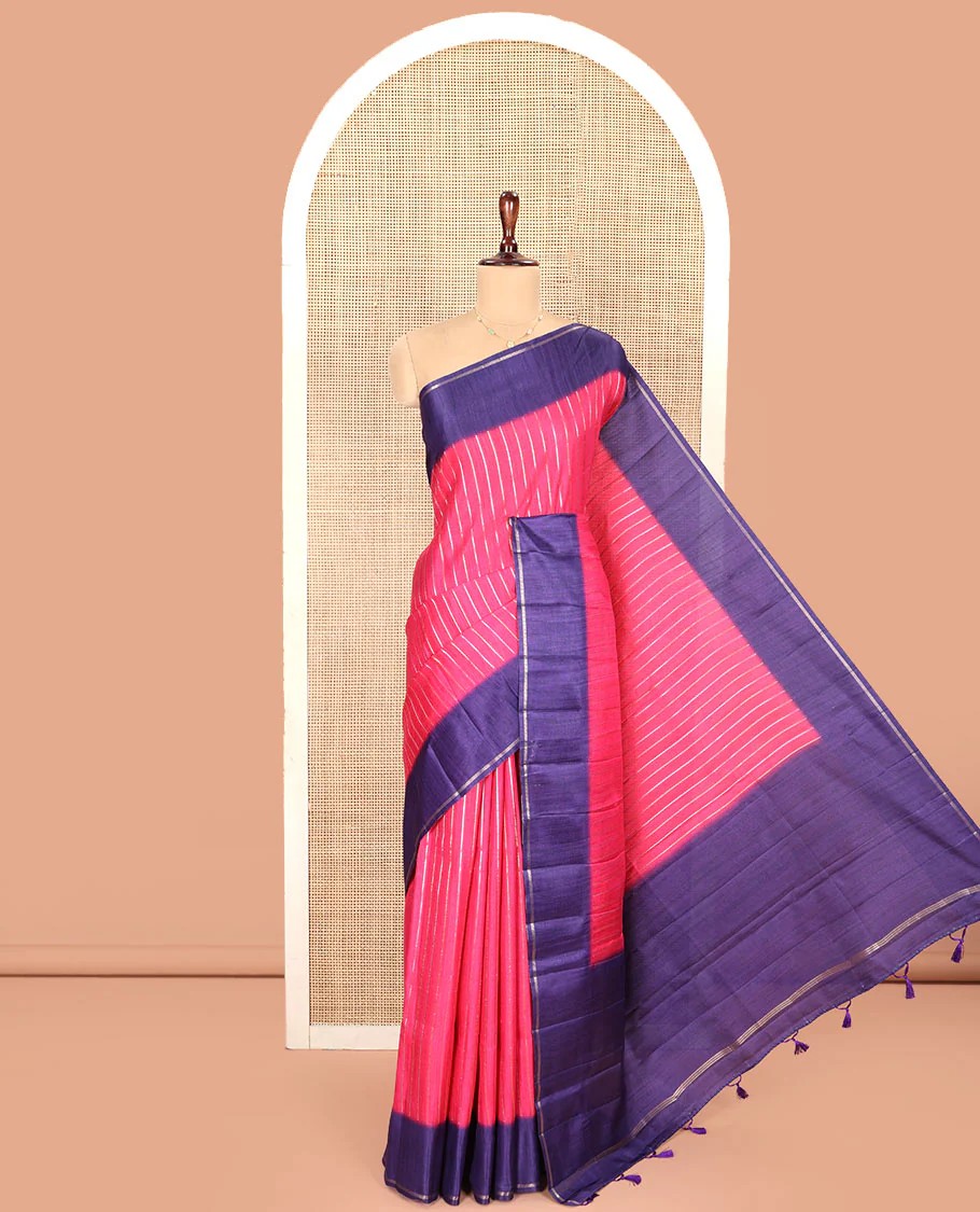 Pink Fancy Tussar Saree, Highlighted by Vertical Zari Stripes Across Its Body, Complemented by Captivating Contrast Geometric Patterned Border, Subtle Pallu and Paired with a Contrast Blouse - Image 3